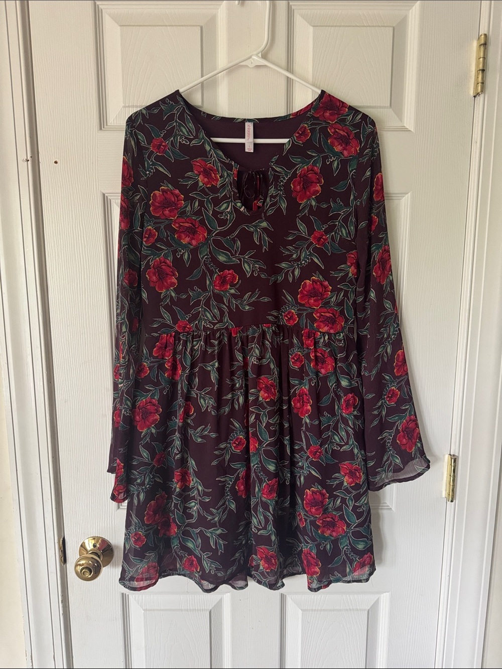Xhilaration Burgundy Floral Tie-Neck Babydoll Tunic Dress